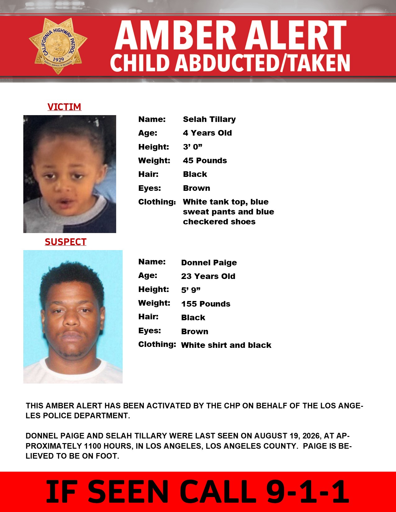 Selah Tillary Missing — AMBER Alert Issued for 4-Year-Old Last Seen in Los Angeles